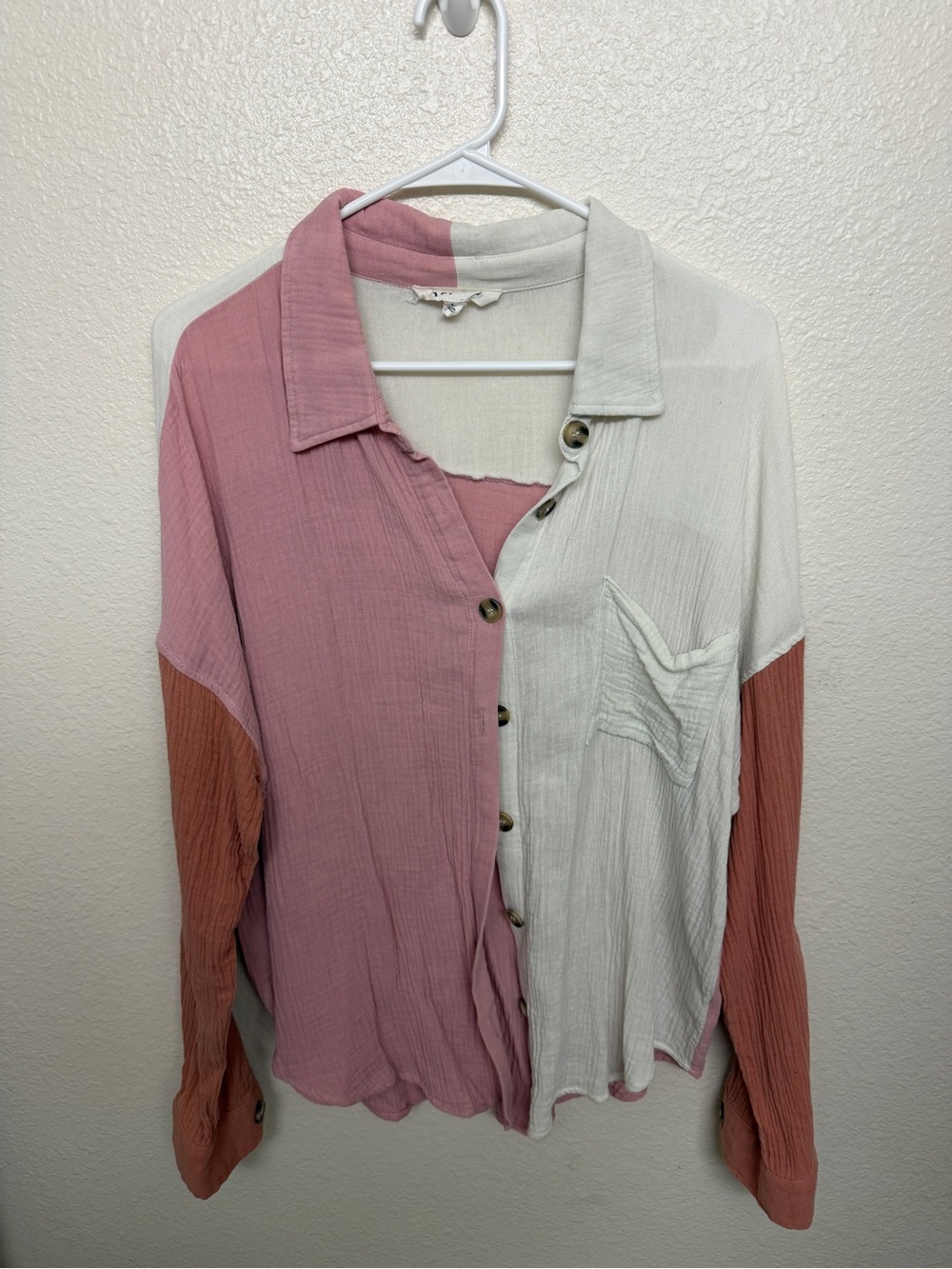 heyday Two-Tone Button-Down Shirt in Pink and Cream with Rust Sleeves